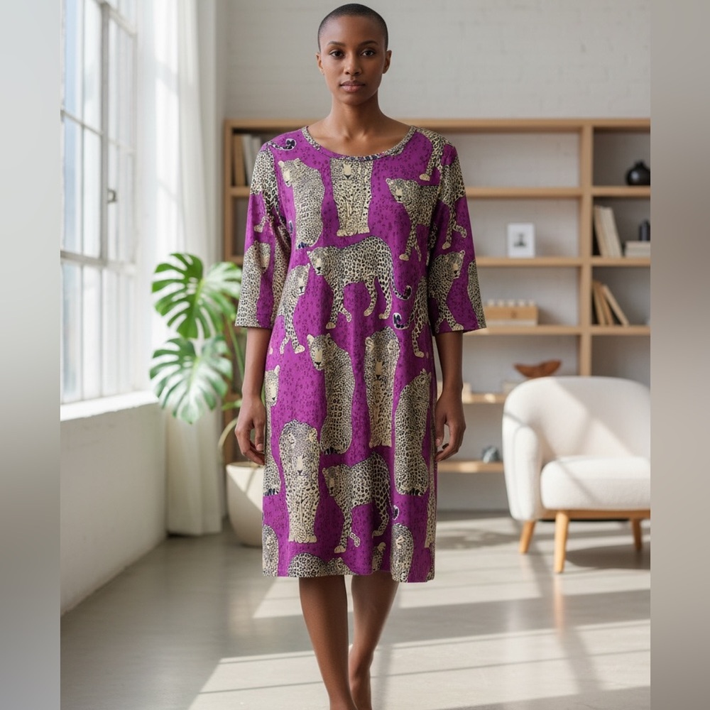 Tyler Böe Leopard Print Dress M Pink Purple Animal Print Knit 3/4 Sleeve NWT